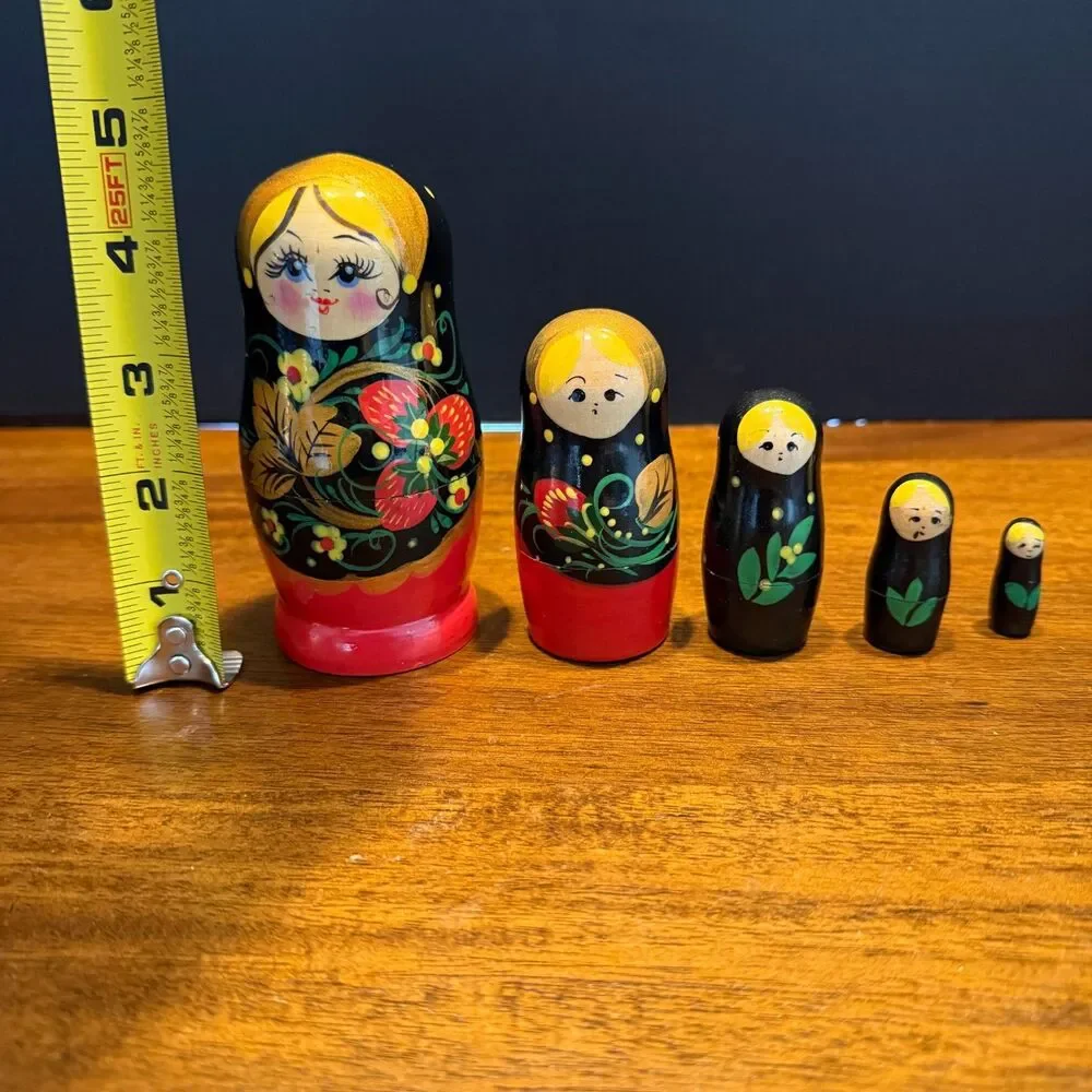Russian Nesting Dolls Matryoshka - 5 Piece Hand-Painted Black & Red Floral
